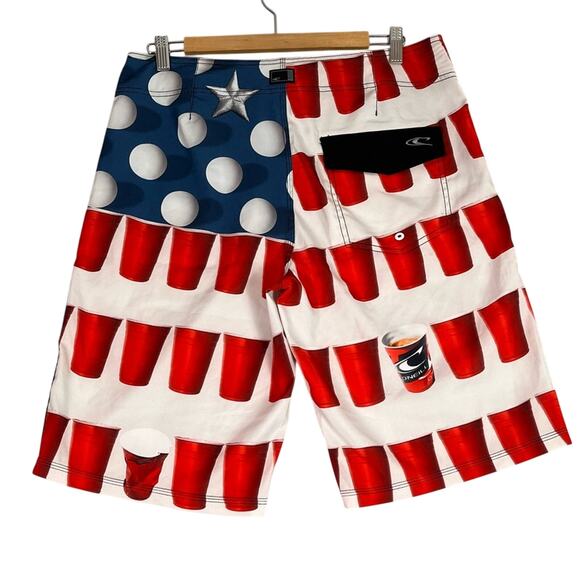 O’Neill Beer Pong Board Shorts Swim Trunks Mens 33 Red White Blue Flag Solo Cup - Picture 1 of 10